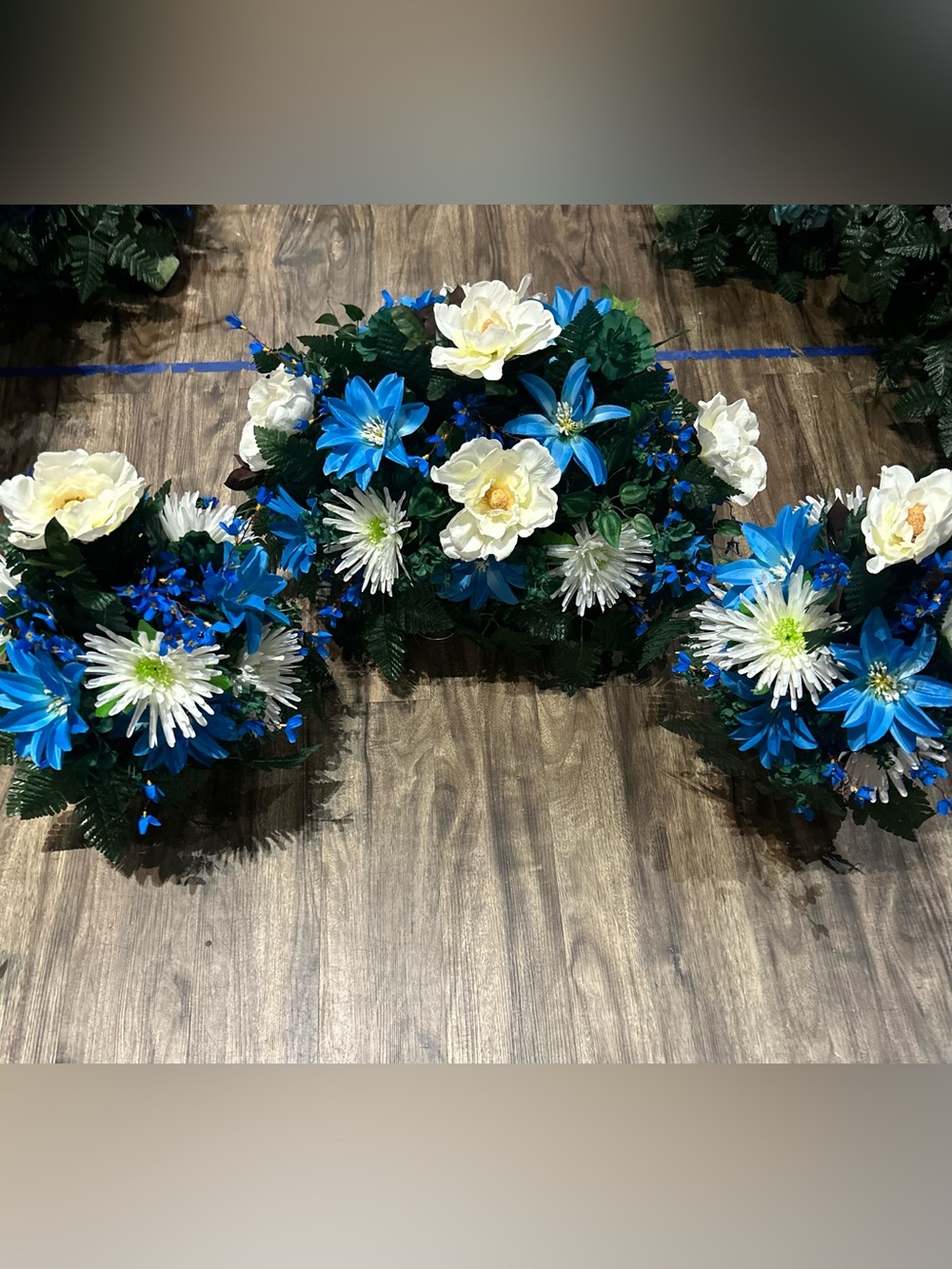 Artificial Floral Cemetery Saddle and 2 matching Cones in Blue and White
